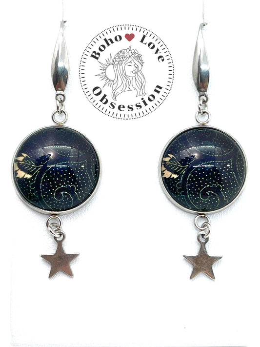 Black Paisley Star Child Dangles|Photo Glass Cabochon Earrings|Gifts for her|Ear Wire Earrings for Women with Star Charm| BohoLoveObsession