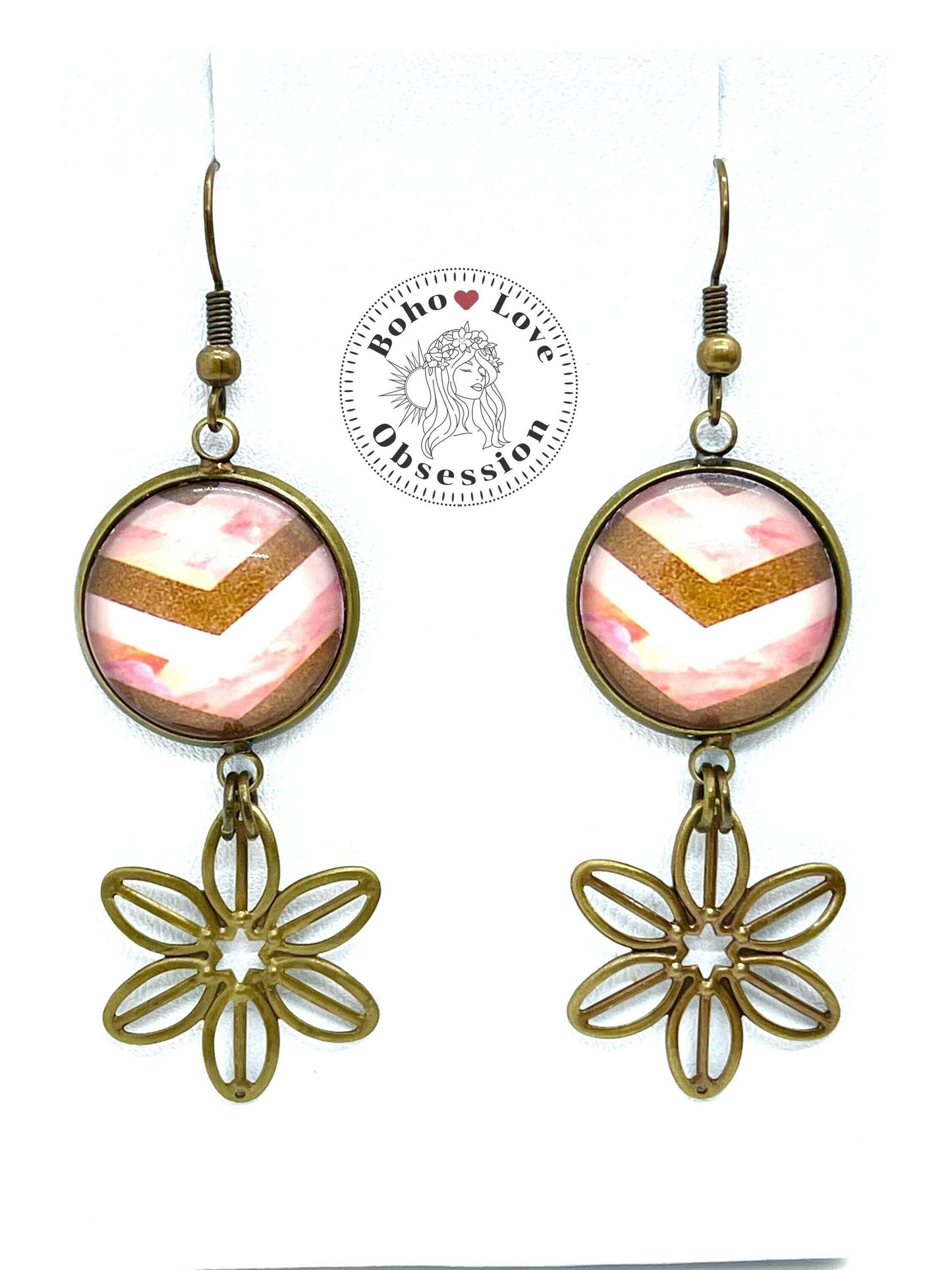 Olive & Pink Chevron Dangles, Bronze Striped Flower Art Glass Jewelry, Boho Hippie Dangles, Bohemian Jewelry, 1960s Festival Wear, Gypsy