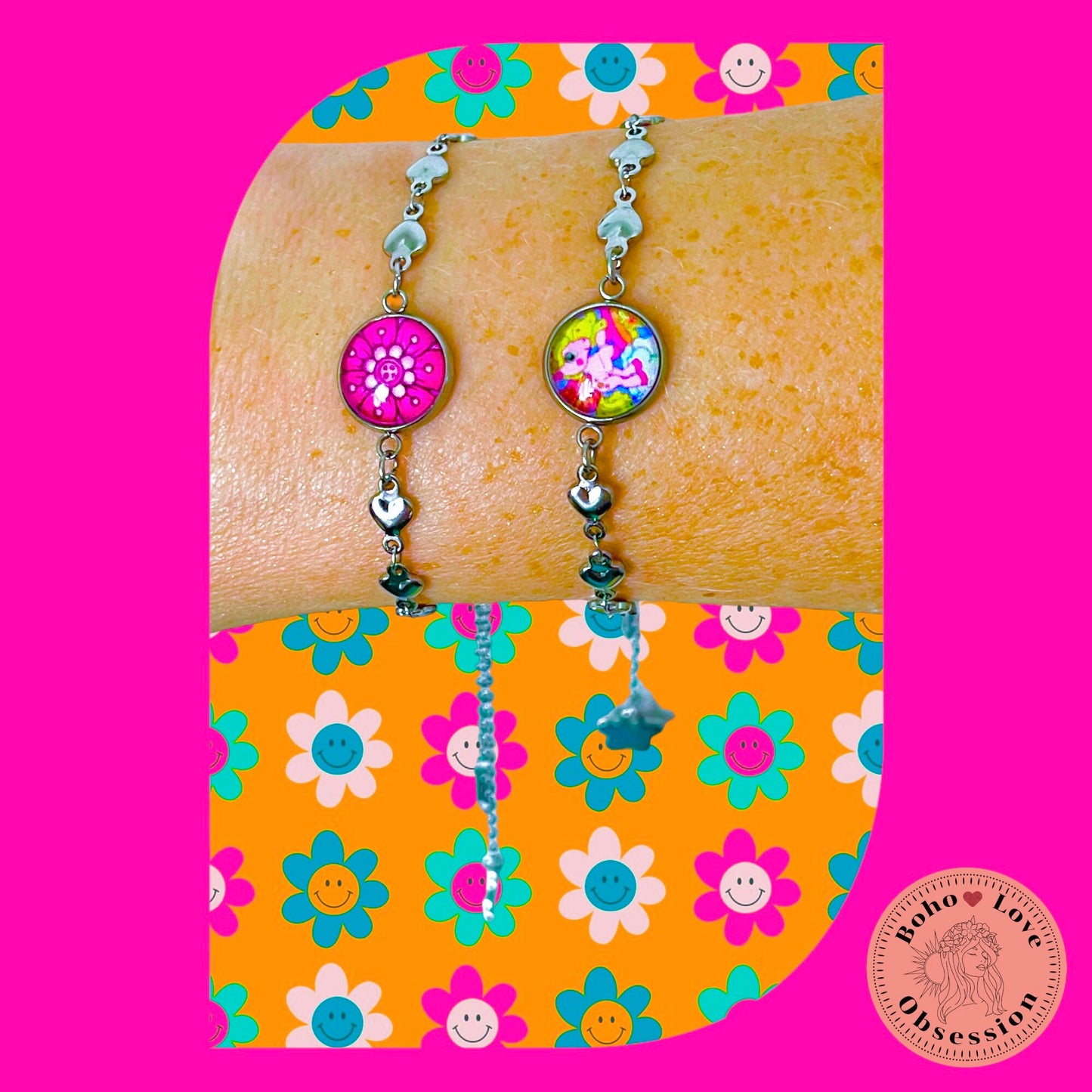 Grateful Dead-Inspired Charm Bracelet, Steal Your Face Jewelry, Jerry Garcia Wristlet, Classic Rock Band Bangle, Boho Hippie Deadhead Bear