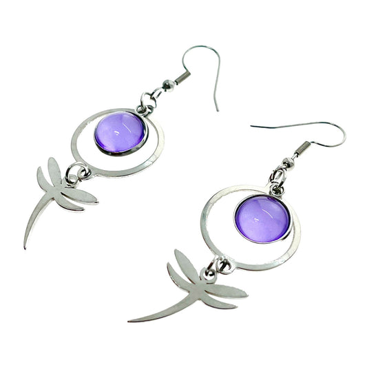 Lucious Lavender Dragonfly Earrings, Boho Hippie Bohemian Jewelry, Nature Inspired Accessory, Purple Stainless Steel Ear Wire Pair