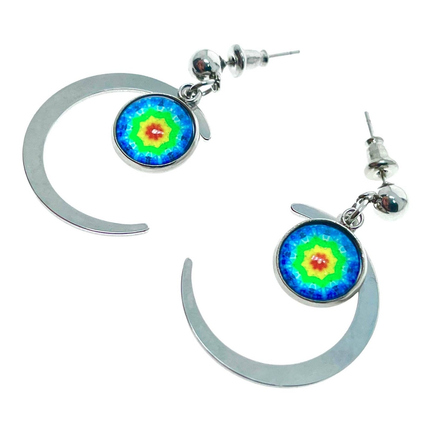 Tie-Dye Crescent Moon Earrings, Multicolor Hippie Jewelry, Celestial Boho Accessory, Bohemian Rainbow Statement Pair,