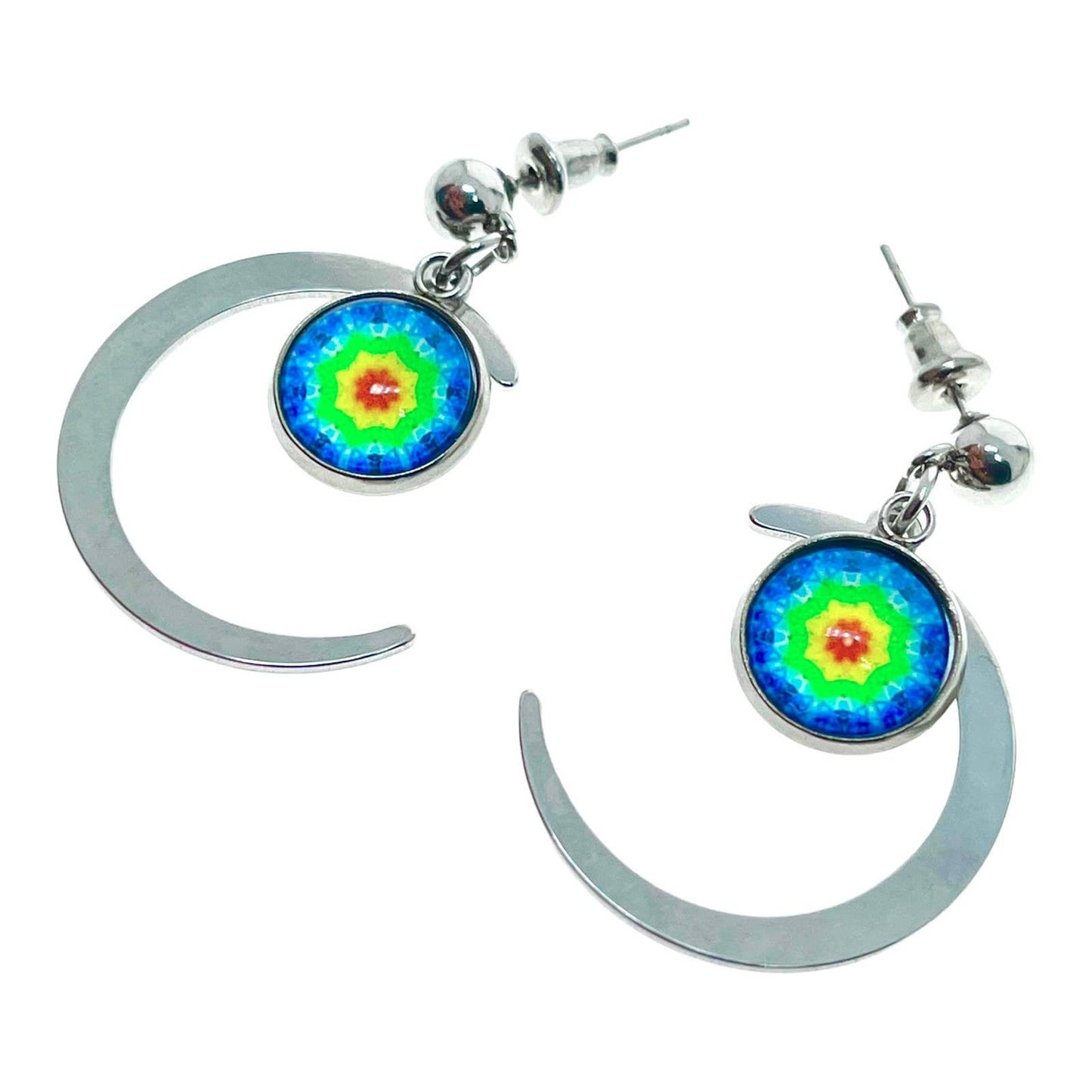 Tie-Dye Crescent Moon Earrings, Multicolor Hippie Jewelry, Celestial Boho Accessory, Bohemian Rainbow Statement Pair,