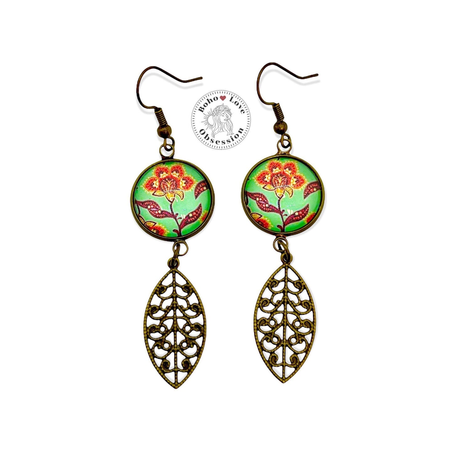 Poppy Flower Earrings| Drop Dangle Cabochon Earrings|Bronze Flower Earrings| Boho Leaf Dangle Earrings| BohoLoveObsession