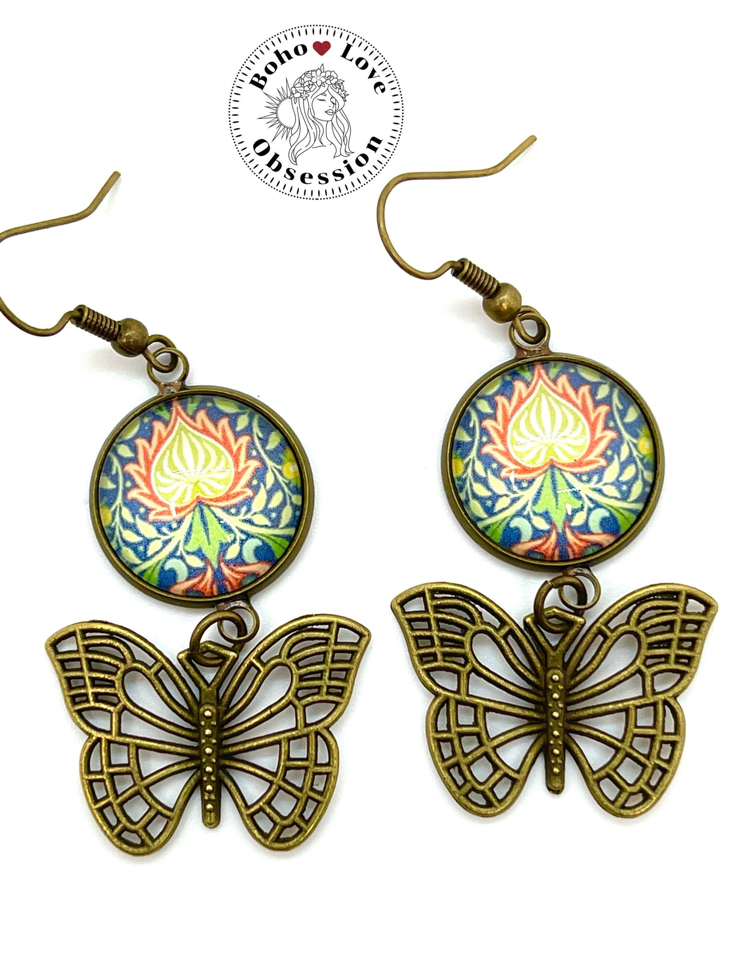 Hippie Fire Flower Butterfly Dangles|Bronze Cabochon Earrings|Gift for her| Bohemian Dangle Earring|Boho Flower Earring| BohoLoveObsession