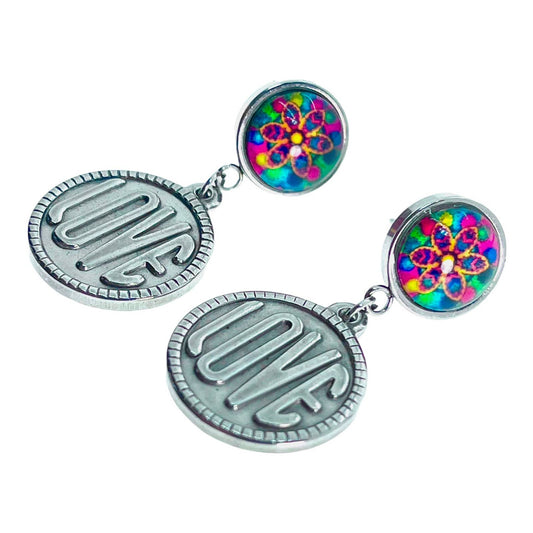 Rainbow Daisy Love Rocks Earrings, Boho Hippie Jewelry, Bohemian Gypsy Retro Accessory, Unique Vintage Statement Pair, Handmade Pushback
