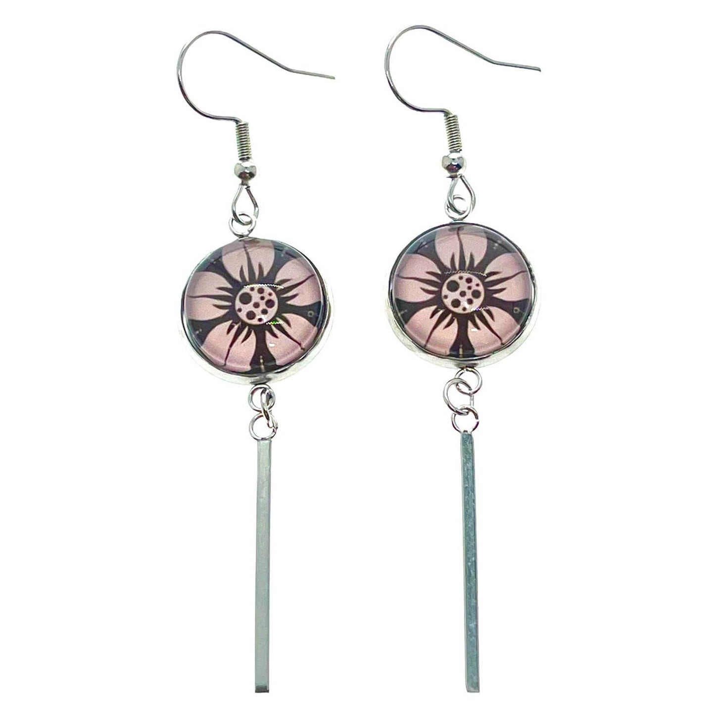 Darling Daisy Long Bar Earrings, Flower Accessory, Boho Hippie Bohemian Jewelry, Unique Photo Glass Charm