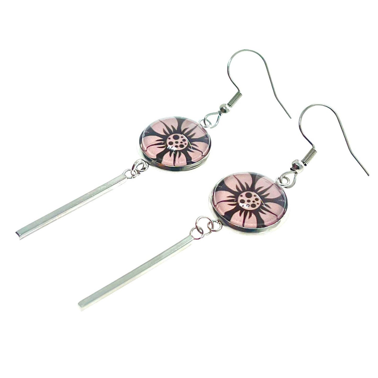 Darling Daisy Long Bar Earrings, Flower Accessory, Boho Hippie Bohemian Jewelry, Unique Photo Glass Charm