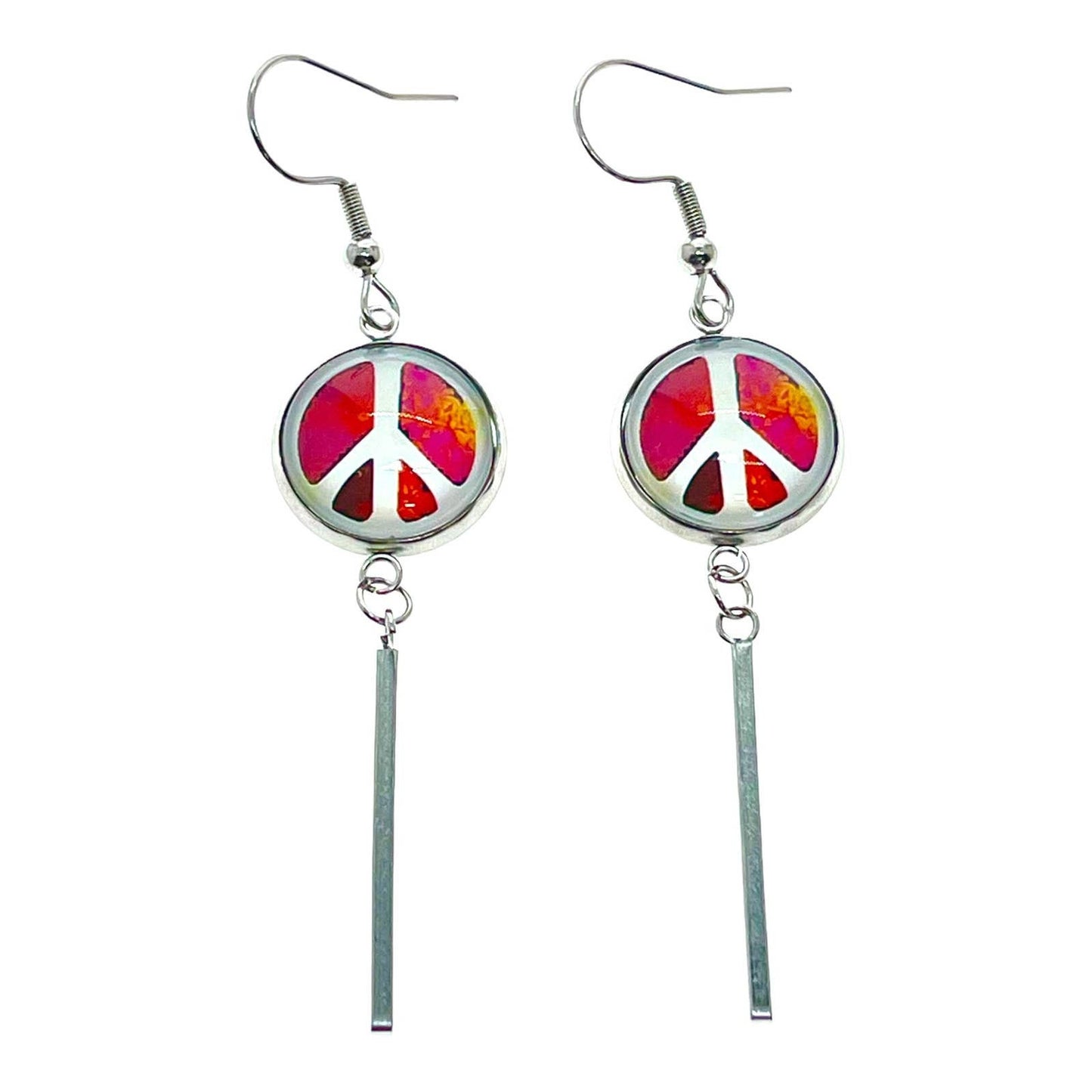 Poppin Pink Peace Long Bar Earrings, Boho Hippie Jewelry, Bohemian Accessory, 1960s 1970s Bauble