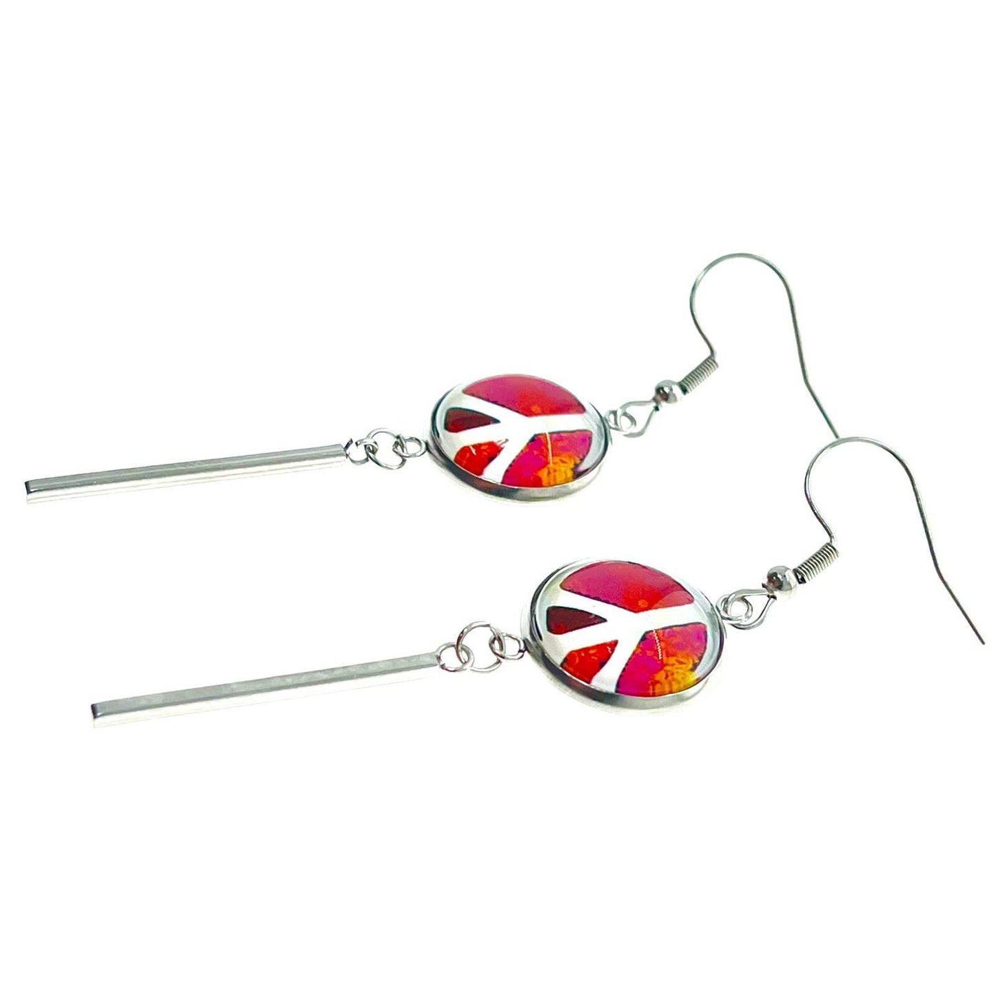 Poppin Pink Peace Long Bar Earrings, Boho Hippie Jewelry, Bohemian Accessory, 1960s 1970s Bauble