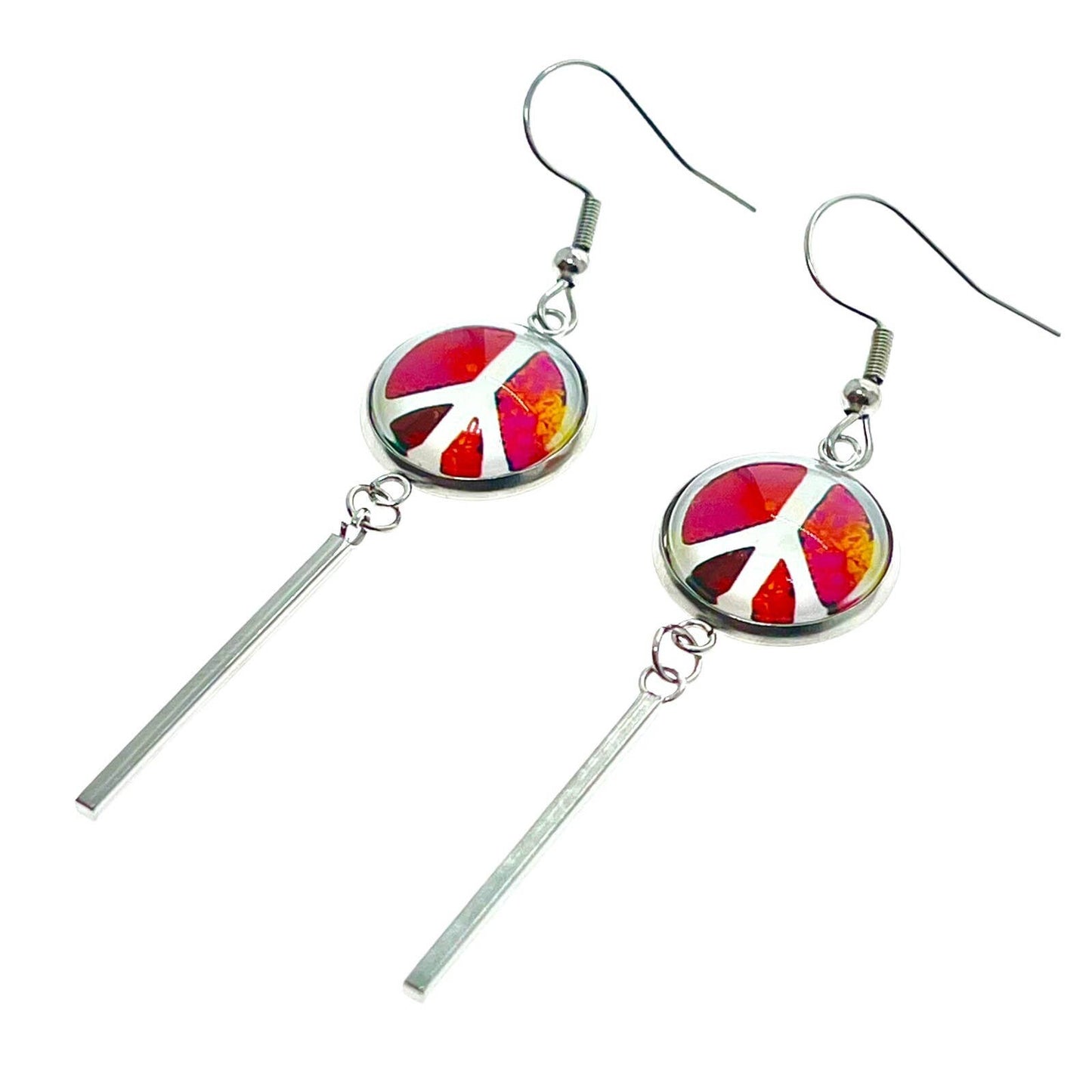 Poppin Pink Peace Long Bar Earrings, Boho Hippie Jewelry, Bohemian Accessory, 1960s 1970s Bauble
