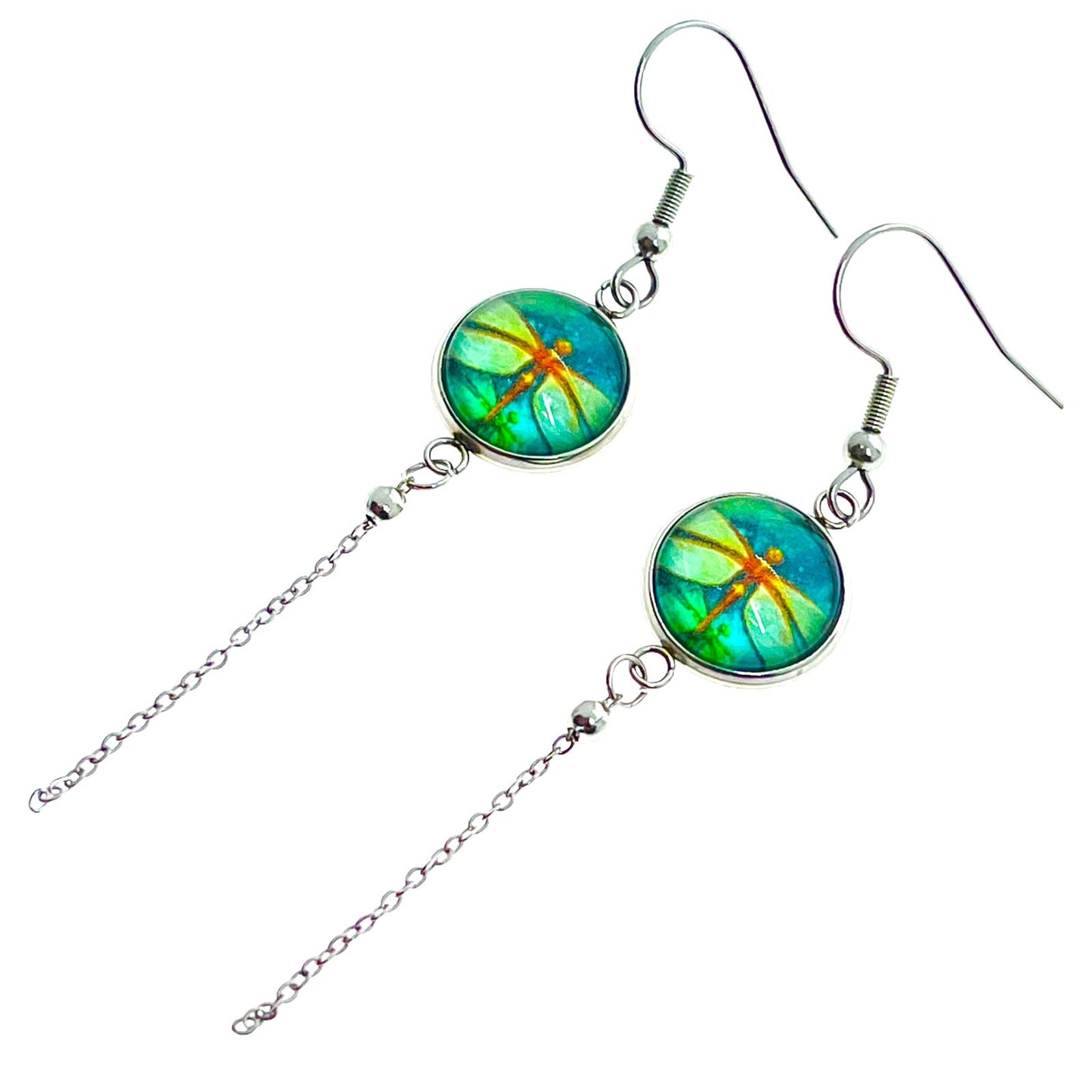Emerald Dragonfly Chain Dangler Earrings, Bohemian Hippie Earrings, Nature Accessory, Boho Statement Pair, Green Ear Tassels