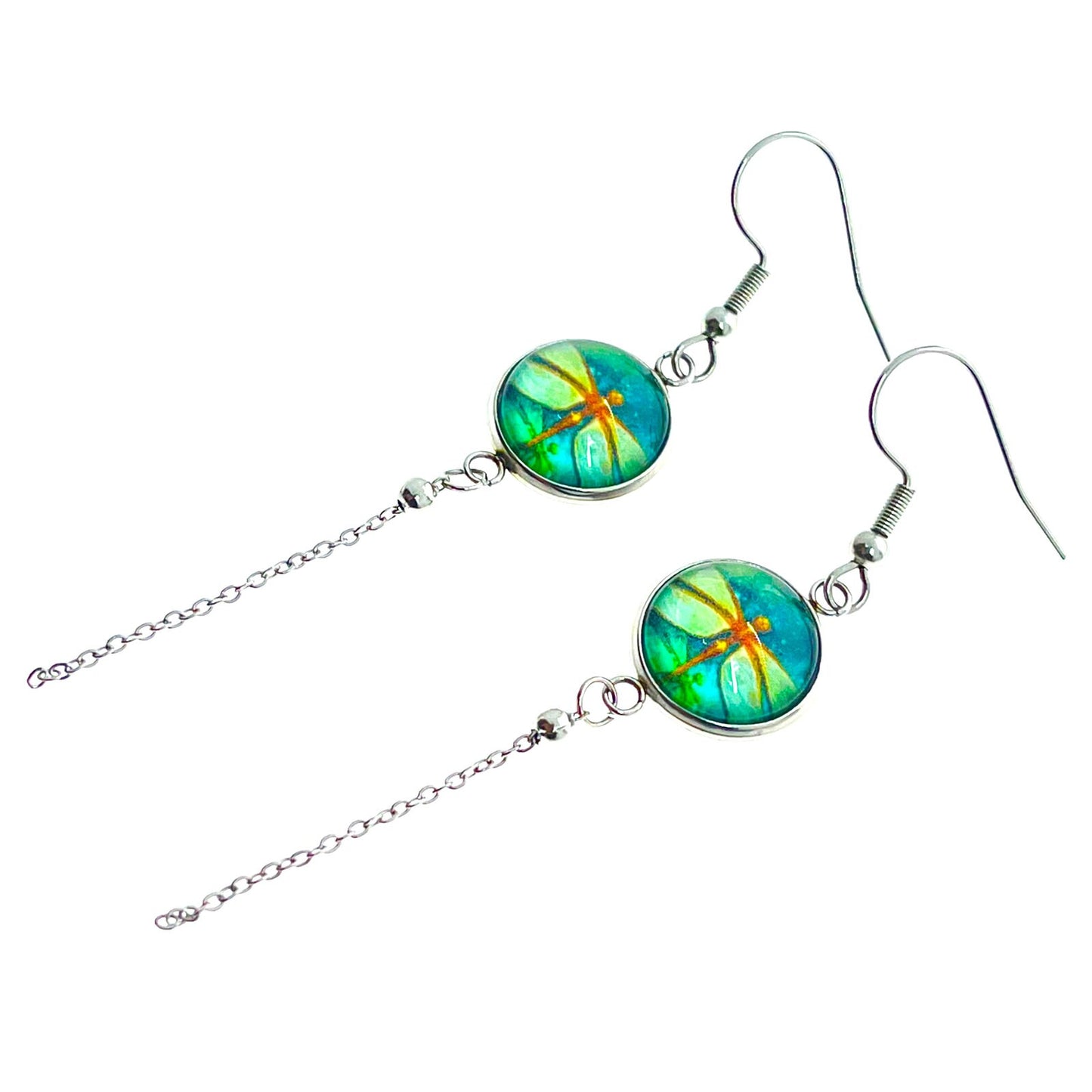 Emerald Dragonfly Chain Dangler Earrings, Bohemian Hippie Earrings, Nature Accessory, Boho Statement Pair, Green Ear Tassels