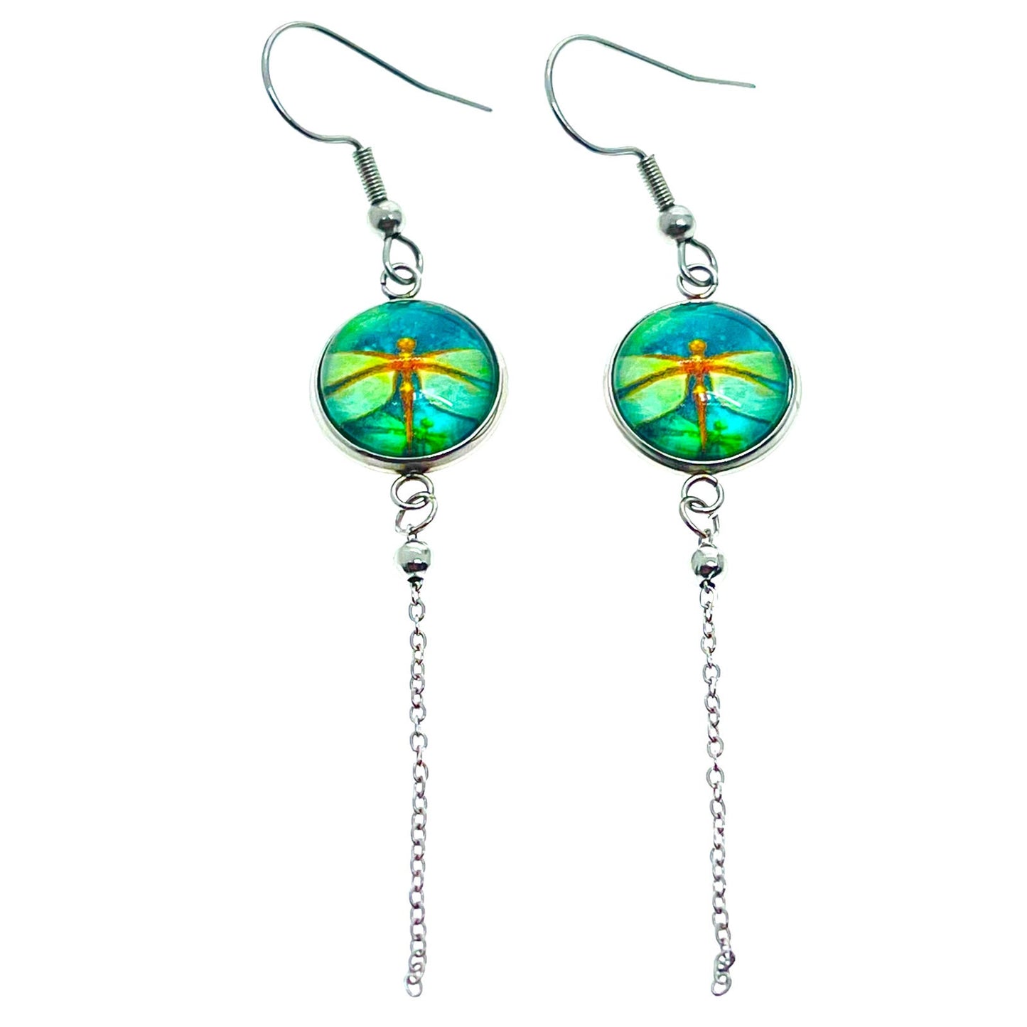 Emerald Dragonfly Chain Dangler Earrings, Bohemian Hippie Earrings, Nature Accessory, Boho Statement Pair, Green Ear Tassels