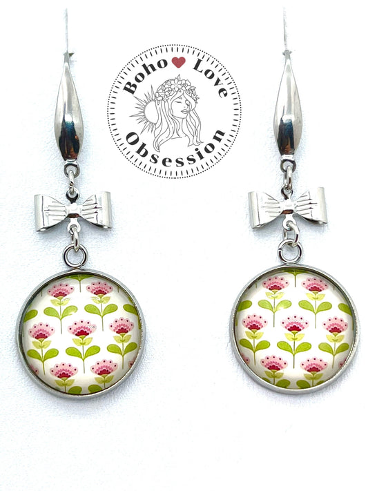 Bows & Pink Petals Dangles| Photo Glass Cabochon Earrings with Silver Bows| Stainless Steel Ear Wire Dangle Earrings| Boho Love Obsession