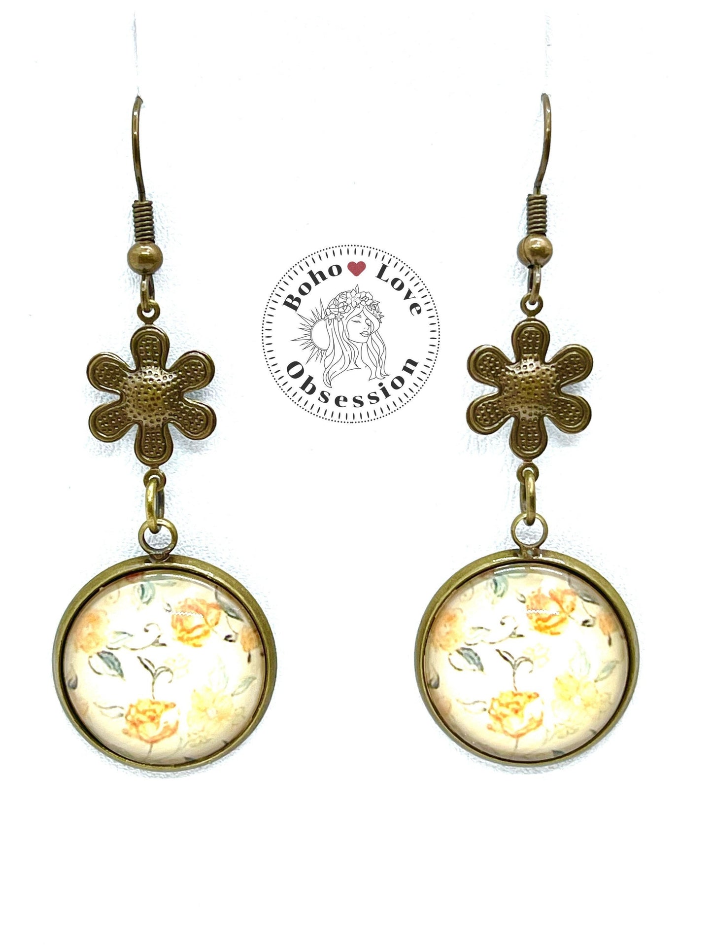 Mellow Yellow Dangles|Yellow Flower Cabochon Earrings|Gifts for her Mom Sister Grandma Cousin Wife Aunt| BohoLoveObsession
