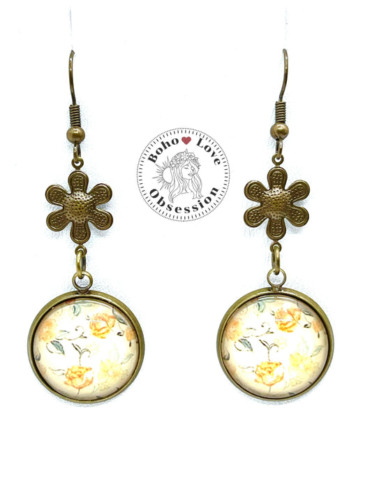 Mellow Yellow Dangles|Yellow Flower Cabochon Earrings|Gifts for her Mom Sister Grandma Cousin Wife Aunt| BohoLoveObsession