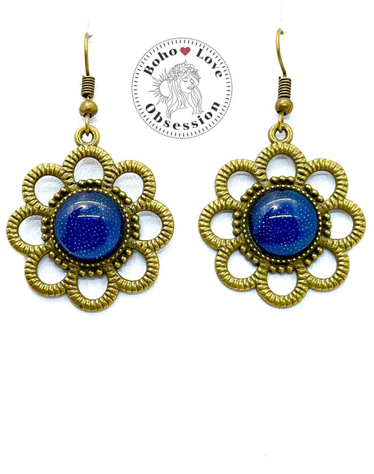 Blue Glitter Daisy Dangles|Bronze Flower & Cabochon Center Earrings|Gifts for her Mom Sister Wife Aunt| BohoLoveObsession