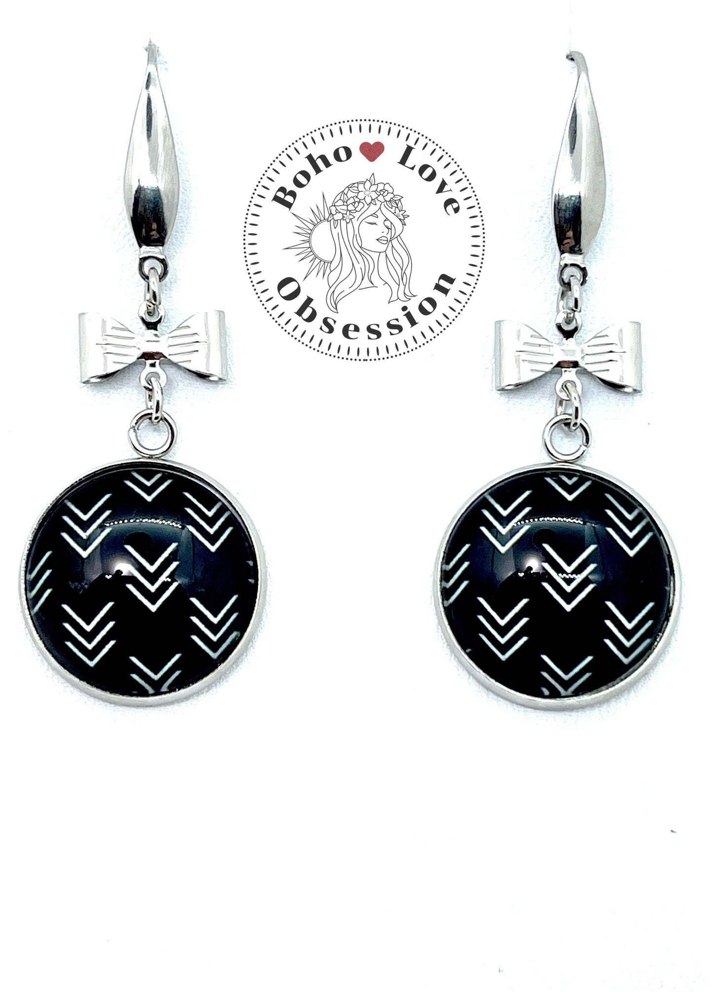 Bows & Arrows Dangles| Black Glass Cabochon Earrings with Silver Bows| Stainless Steel Ear-wire Dangle Earrings| Boho Love Obsession