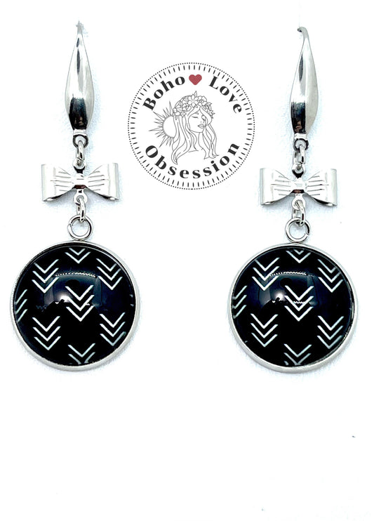 Bows & Arrows Dangles| Black Glass Cabochon Earrings with Silver Bows| Stainless Steel Ear-wire Dangle Earrings| Boho Love Obsession