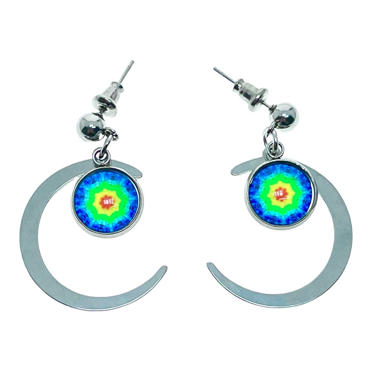 Tie-Dye Crescent Moon Earrings, Multicolor Hippie Jewelry, Celestial Boho Accessory, Bohemian Rainbow Statement Pair,