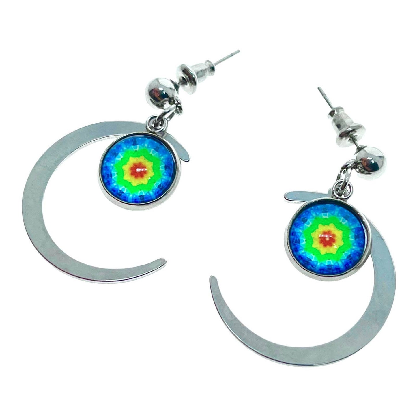 Tie-Dye Crescent Moon Earrings, Multicolor Hippie Jewelry, Celestial Boho Accessory, Bohemian Rainbow Statement Pair,