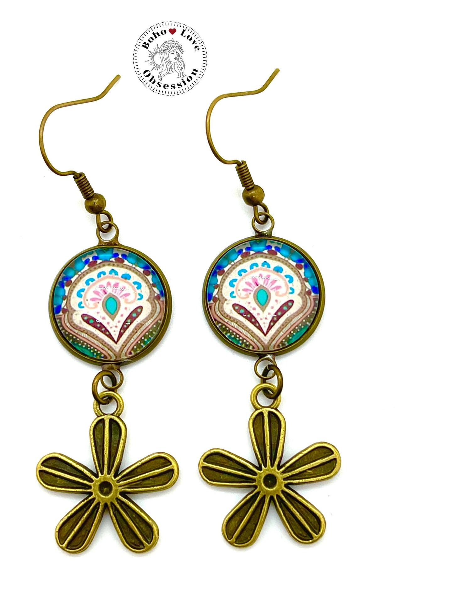 Happy Blooms Daisy Earrings|Cabochon Dangle Earrings|Boho Flower Earrings|Gift for her|Bohemian Bronze Earrings|BohoLoveObsession