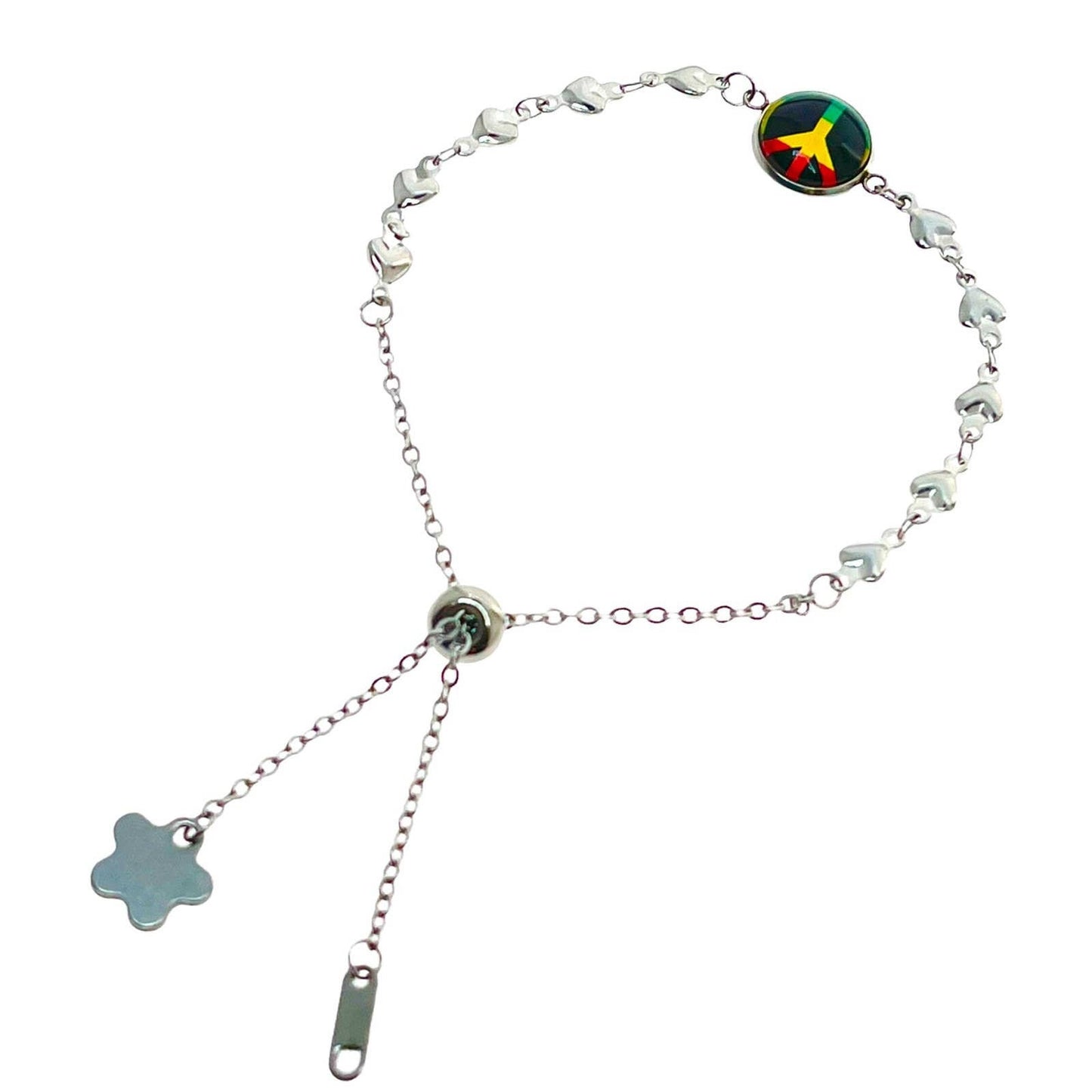 Rasta Peace Heart Slider Bracelet, Adjustable Stainless Steel Rastafarian Themed Wristlet, Boho Hippie Bohemian Accessory, Bob Marley