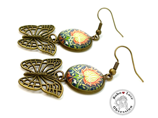 Hippie Fire Flower Butterfly Dangles|Bronze Cabochon Earrings|Gift for her| Bohemian Dangle Earring|Boho Flower Earring| BohoLoveObsession