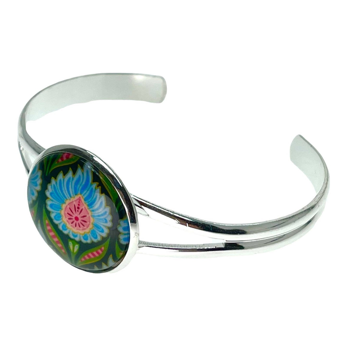 Blue Fuzzy Flower Cuff Bracelet, Boho Adjustable Wristlet, Bohemian Hippie Jewelry, Unique 1960s 1970s Accessory
