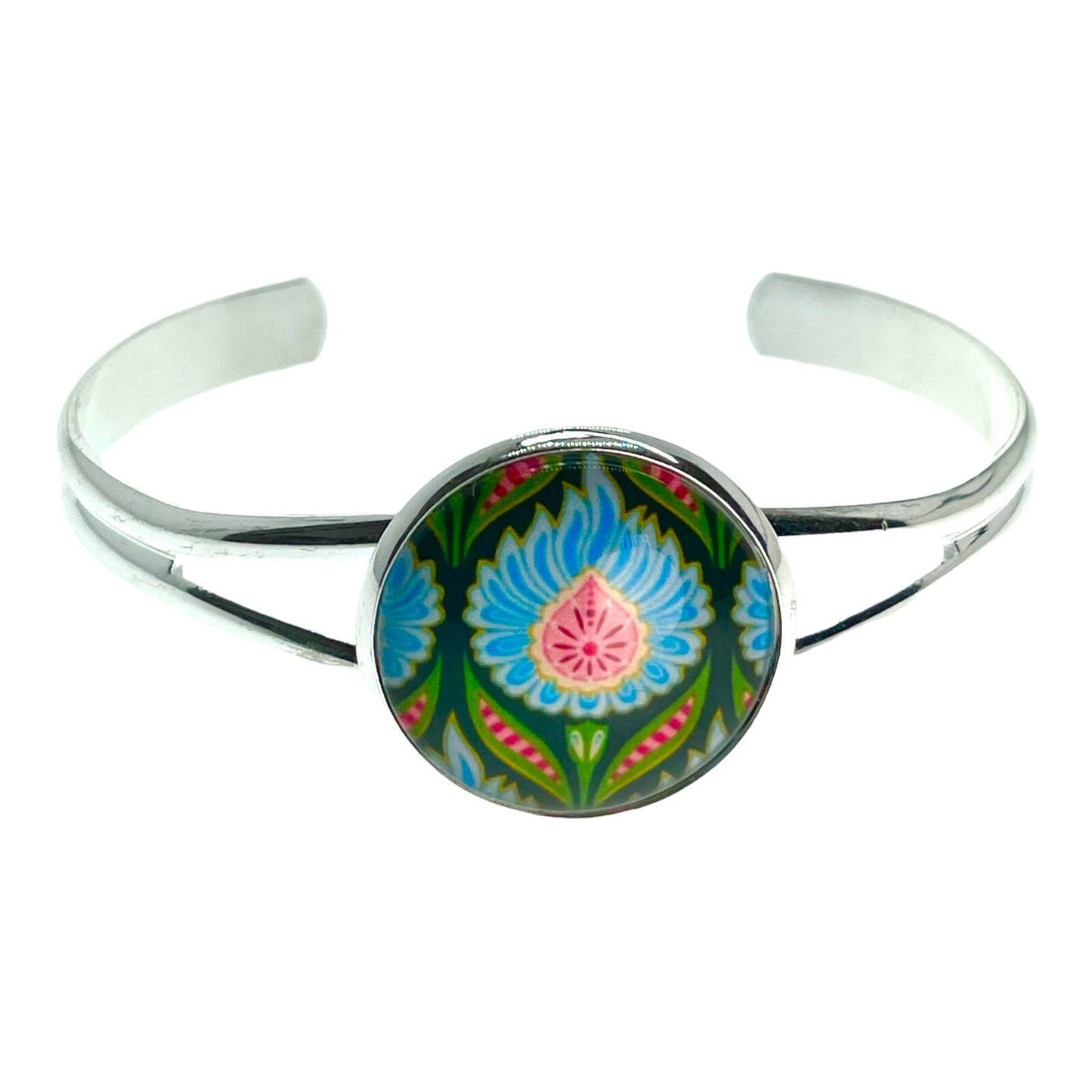 Blue Fuzzy Flower Cuff Bracelet, Boho Adjustable Wristlet, Bohemian Hippie Jewelry, Unique 1960s 1970s Accessory