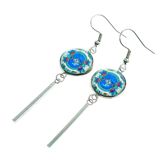 Teal Holly Long Bar Earrings, Blue Boho Mandala Ear Charms, Bohemian Hippie Statement Pair, Stainless Steel Accessory