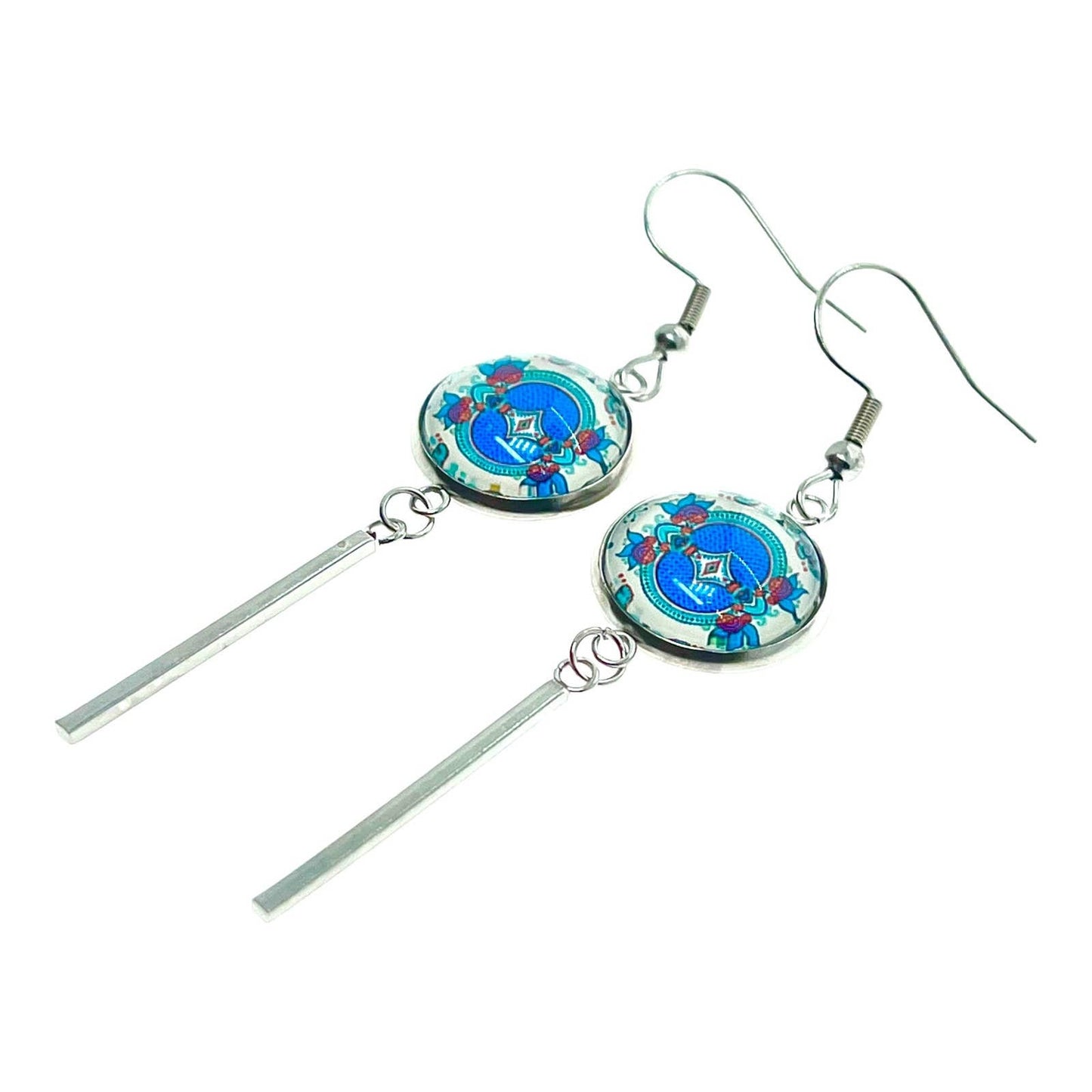 Teal Holly Long Bar Earrings, Blue Boho Mandala Ear Charms, Bohemian Hippie Statement Pair, Stainless Steel Accessory