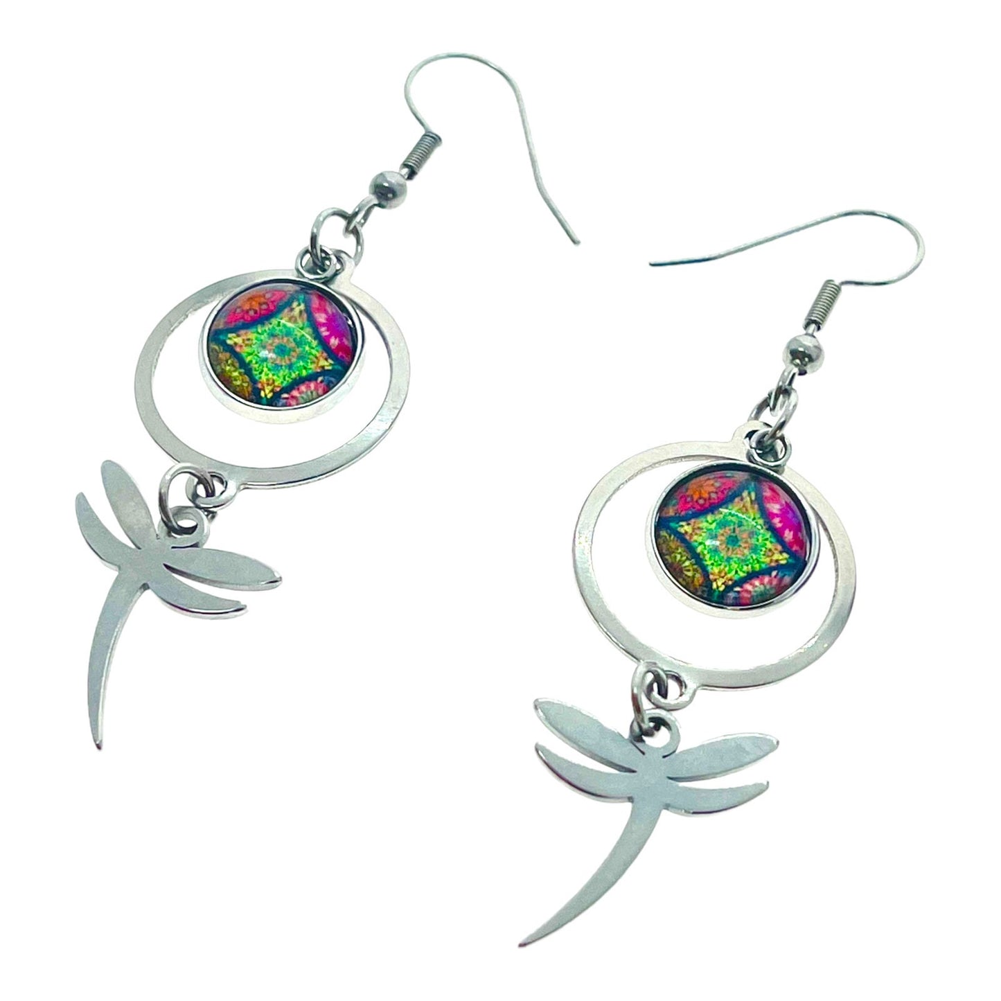 Rainbow Jade Dragonfly Earrings, Pink Green Drop Dangle Ear Charm, Nature-inspired Accessory, Stainless Steel Boho Hippie Festival Wear