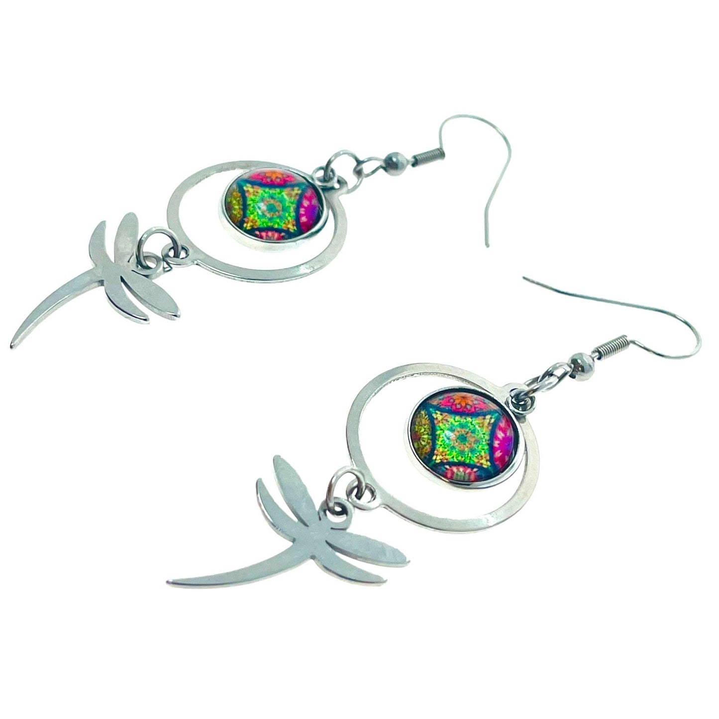 Rainbow Jade Dragonfly Earrings, Pink Green Drop Dangle Ear Charm, Nature-inspired Accessory, Stainless Steel Boho Hippie Festival Wear