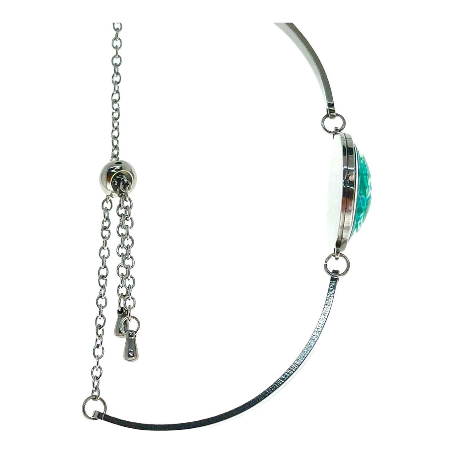 Green Lotus Slider Bead Bracelet, Boho Hippie Wristlet, Bohemian Accessory, Floral Art Glass Charm Jewelry, Unique Stainless Steel Gift
