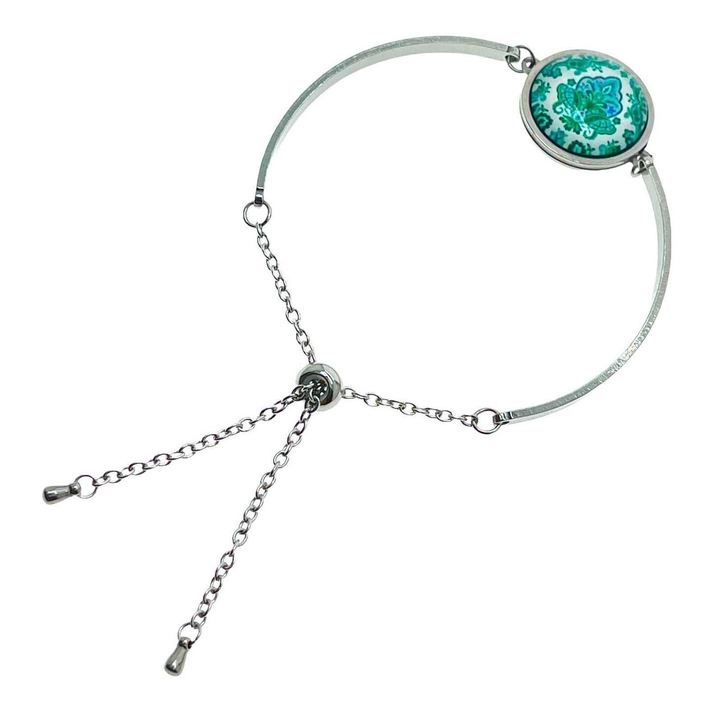 Green Lotus Slider Bead Bracelet, Boho Hippie Wristlet, Bohemian Accessory, Floral Art Glass Charm Jewelry, Unique Stainless Steel Gift