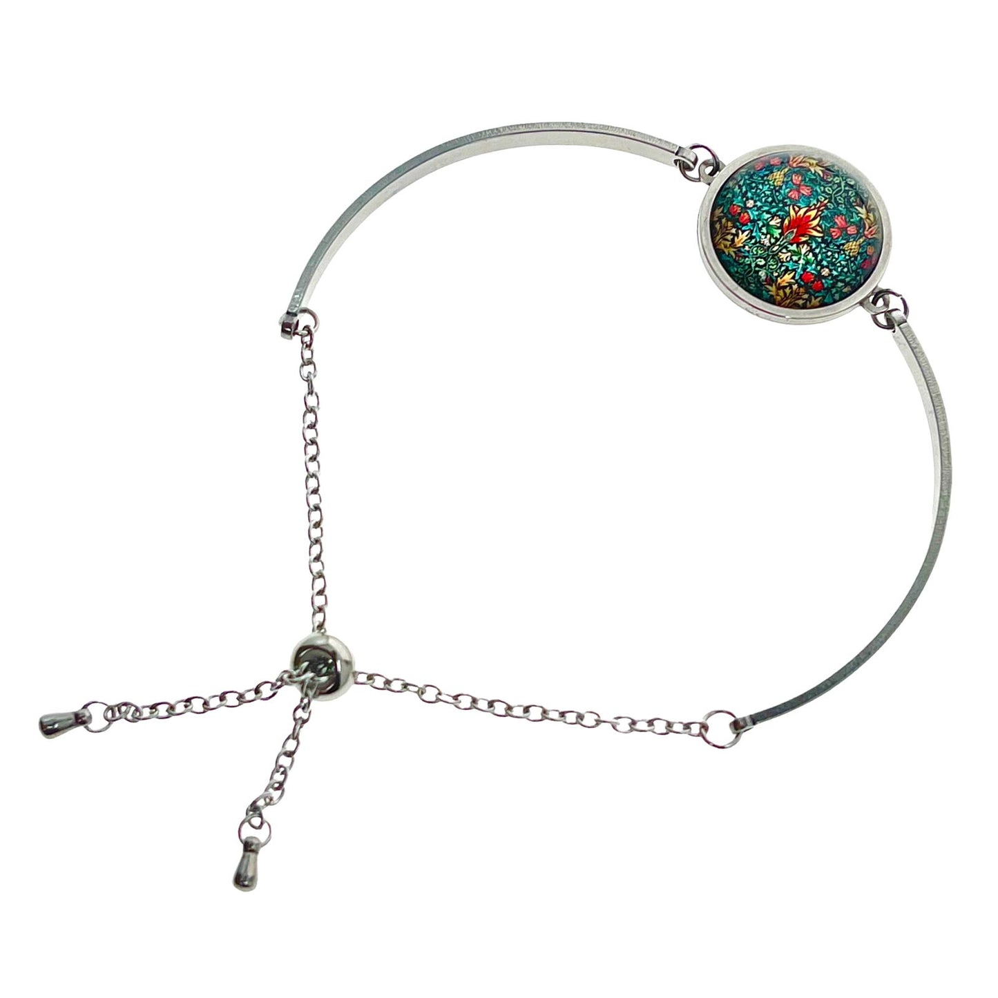 Emerald Forest Slider Bead Bracelet, Sliding Bead Bangle, Floral Hippie Boho Wristlet, Bohemian Jewelry, Stainless Steel Accessory