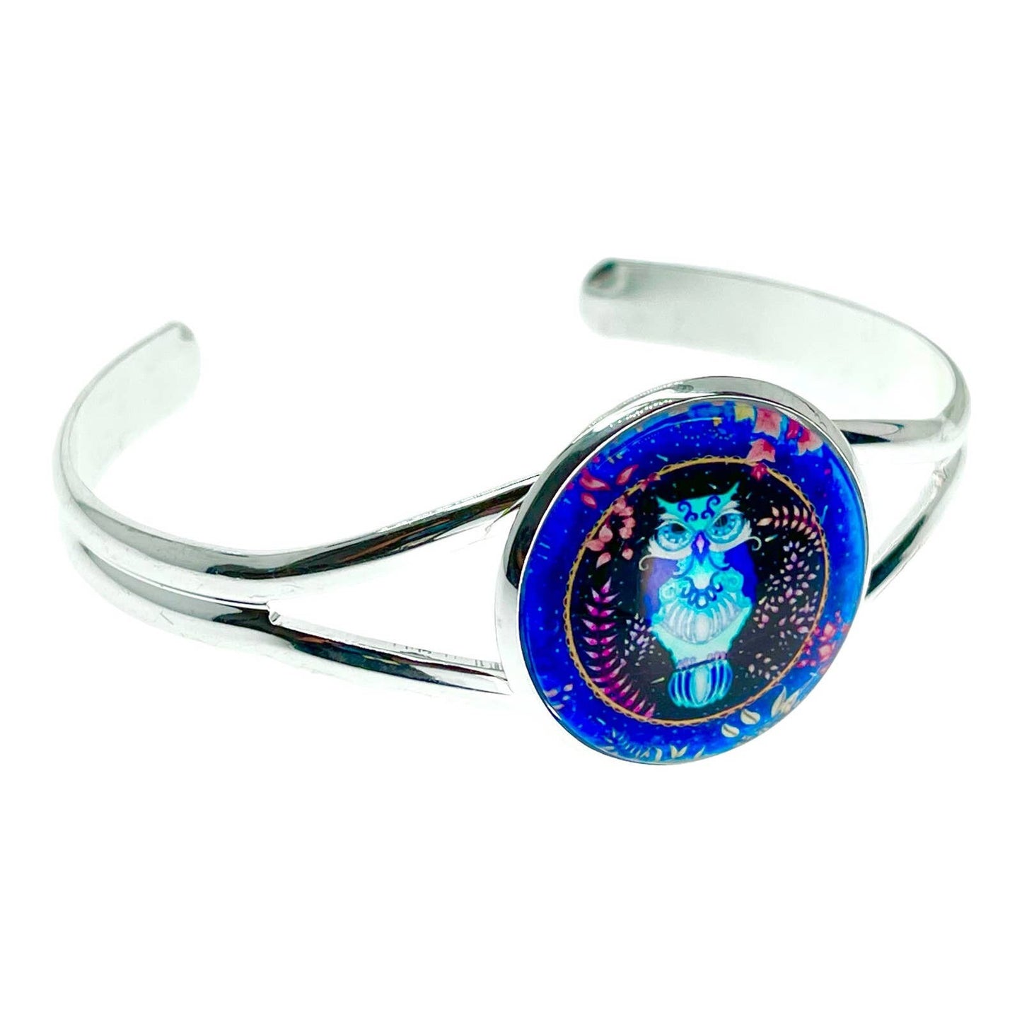 Ollie Owl Cuff Bracelet, Adjustable Hippie Wristlet, Boho Mystical Jewelry, Blue Bohemian Wrist Wrap with Art Glass Charm