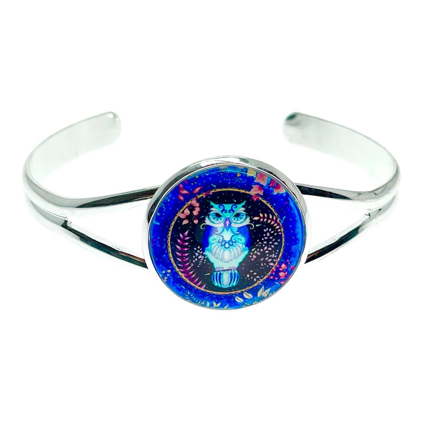 Ollie Owl Cuff Bracelet, Adjustable Hippie Wristlet, Boho Mystical Jewelry, Blue Bohemian Wrist Wrap with Art Glass Charm