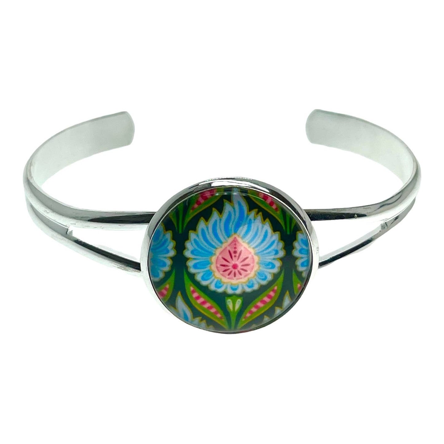 Blue Fuzzy Flower Cuff Bracelet, Boho Adjustable Wristlet, Bohemian Hippie Jewelry, Unique 1960s 1970s Accessory