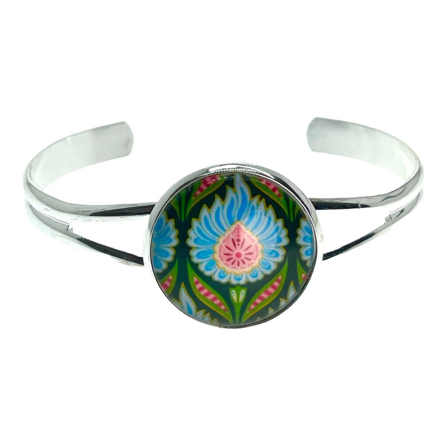 Blue Fuzzy Flower Cuff Bracelet, Boho Adjustable Wristlet, Bohemian Hippie Jewelry, Unique 1960s 1970s Accessory