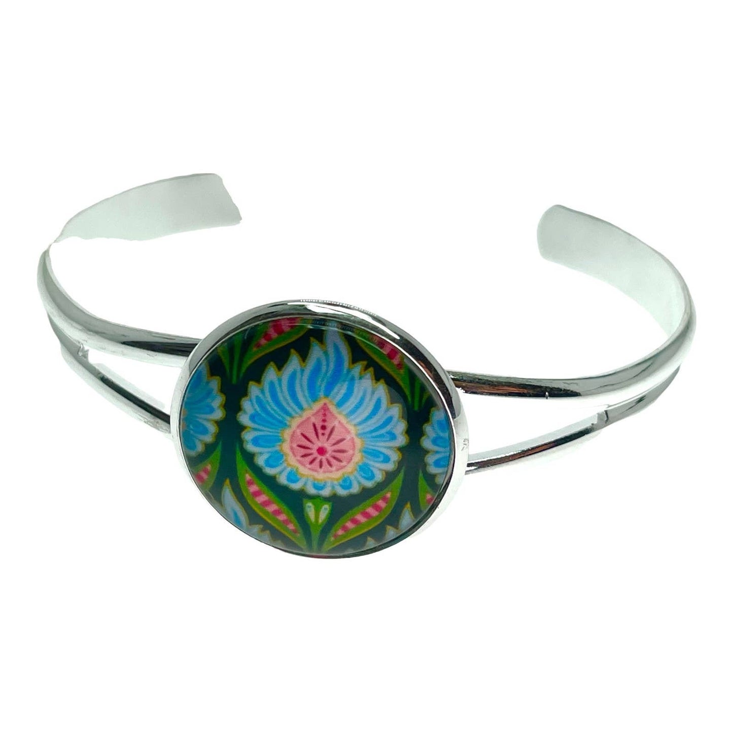 Blue Fuzzy Flower Cuff Bracelet, Boho Adjustable Wristlet, Bohemian Hippie Jewelry, Unique 1960s 1970s Accessory