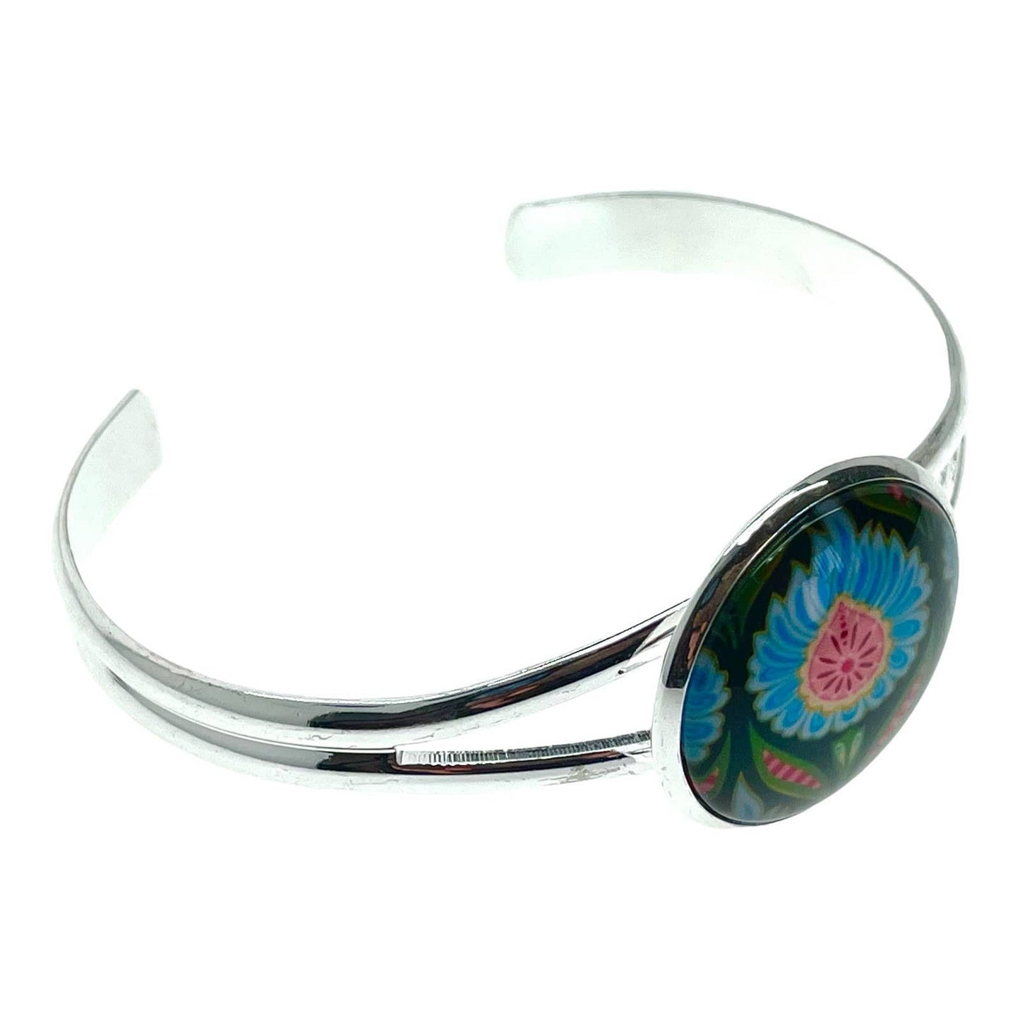 Blue Fuzzy Flower Cuff Bracelet, Boho Adjustable Wristlet, Bohemian Hippie Jewelry, Unique 1960s 1970s Accessory