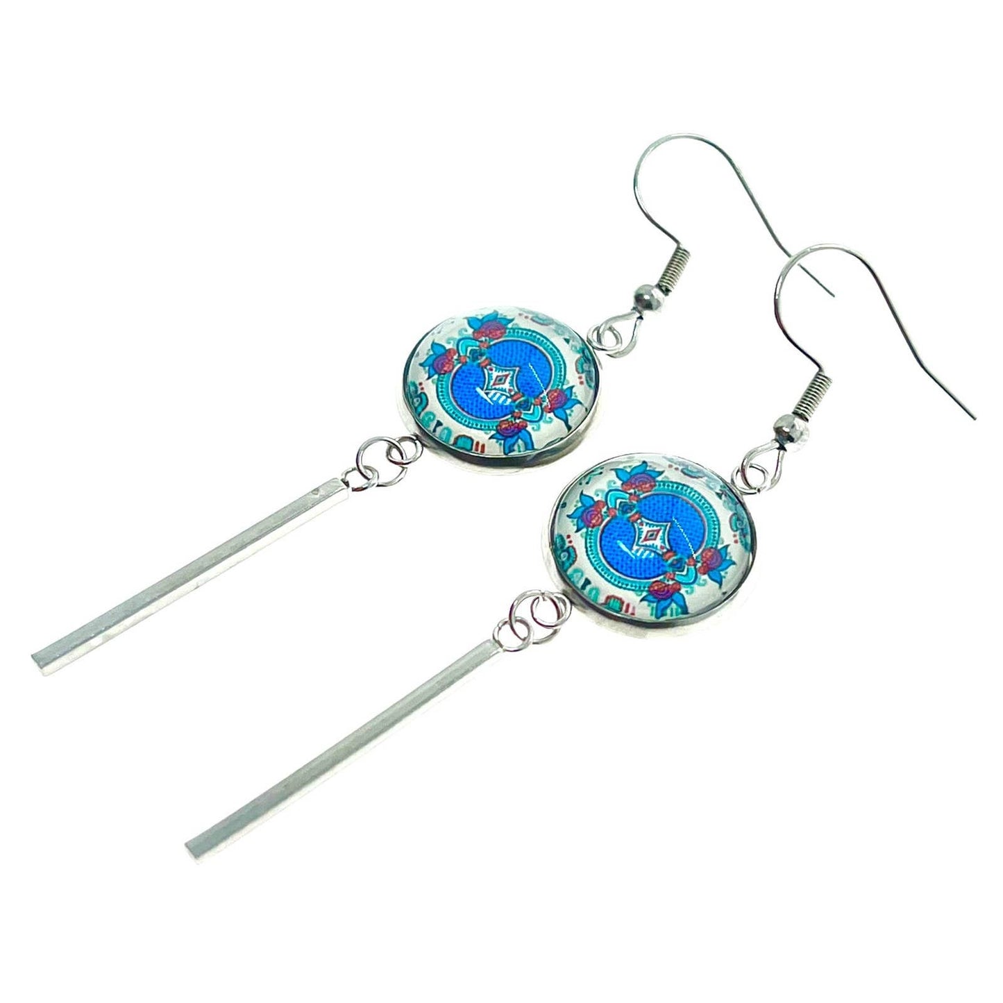 Teal Holly Long Bar Earrings, Blue Boho Mandala Ear Charms, Bohemian Hippie Statement Pair, Stainless Steel Accessory