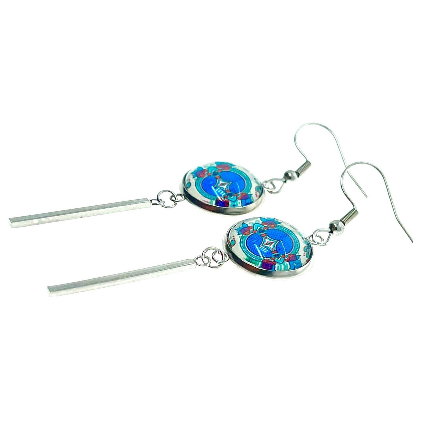 Teal Holly Long Bar Earrings, Blue Boho Mandala Ear Charms, Bohemian Hippie Statement Pair, Stainless Steel Accessory