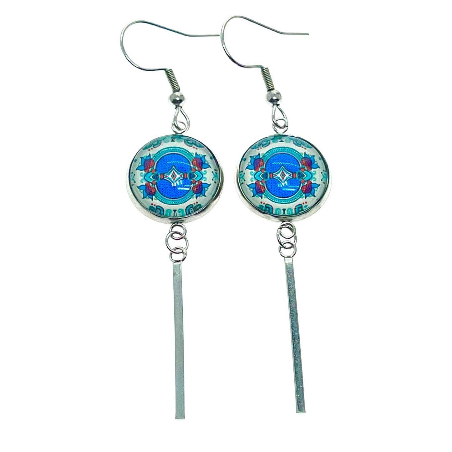 Teal Holly Long Bar Earrings, Blue Boho Mandala Ear Charms, Bohemian Hippie Statement Pair, Stainless Steel Accessory