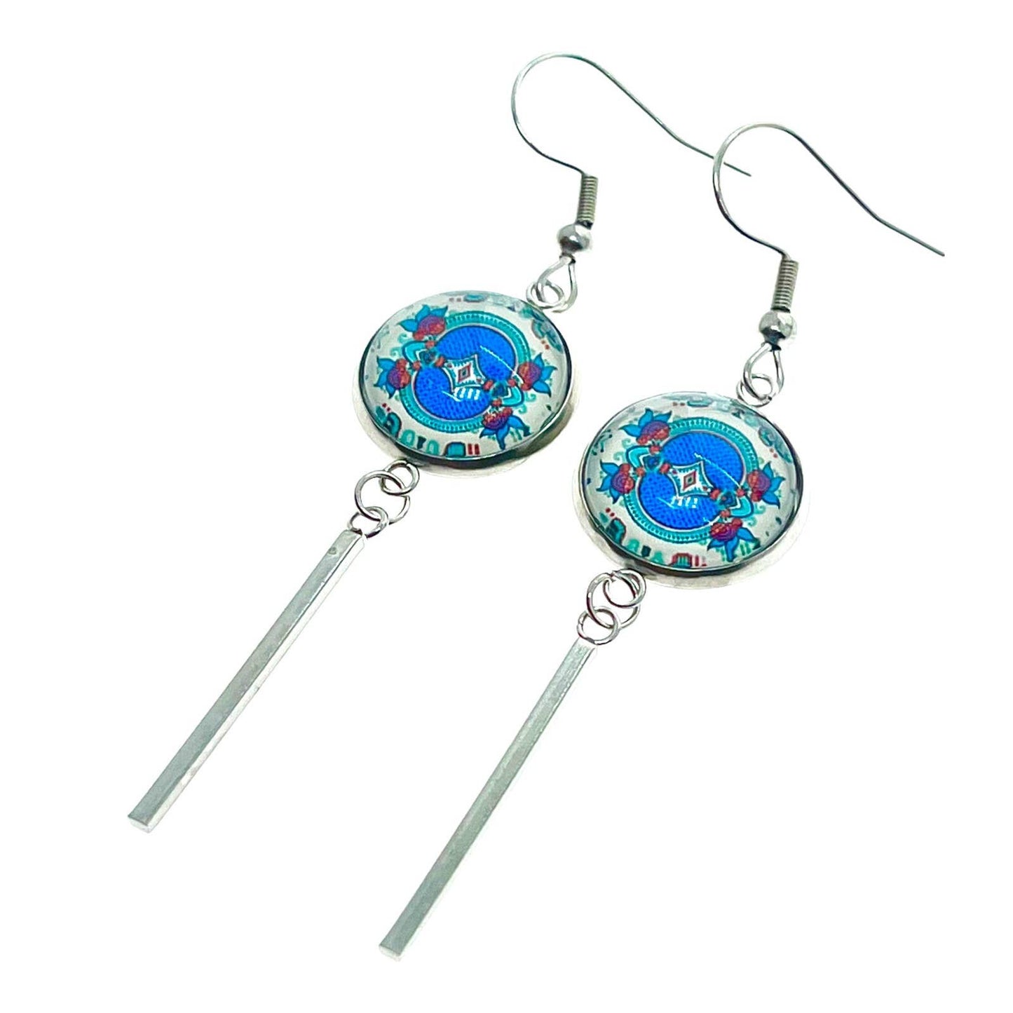 Teal Holly Long Bar Earrings, Blue Boho Mandala Ear Charms, Bohemian Hippie Statement Pair, Stainless Steel Accessory