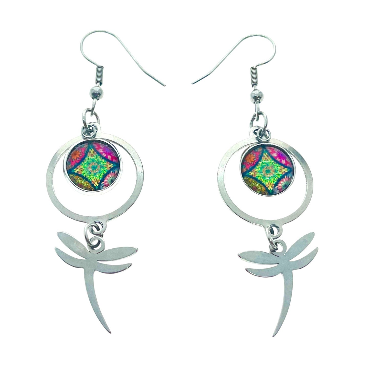 Rainbow Jade Dragonfly Earrings, Pink Green Drop Dangle Ear Charm, Nature-inspired Accessory, Stainless Steel Boho Hippie Festival Wear