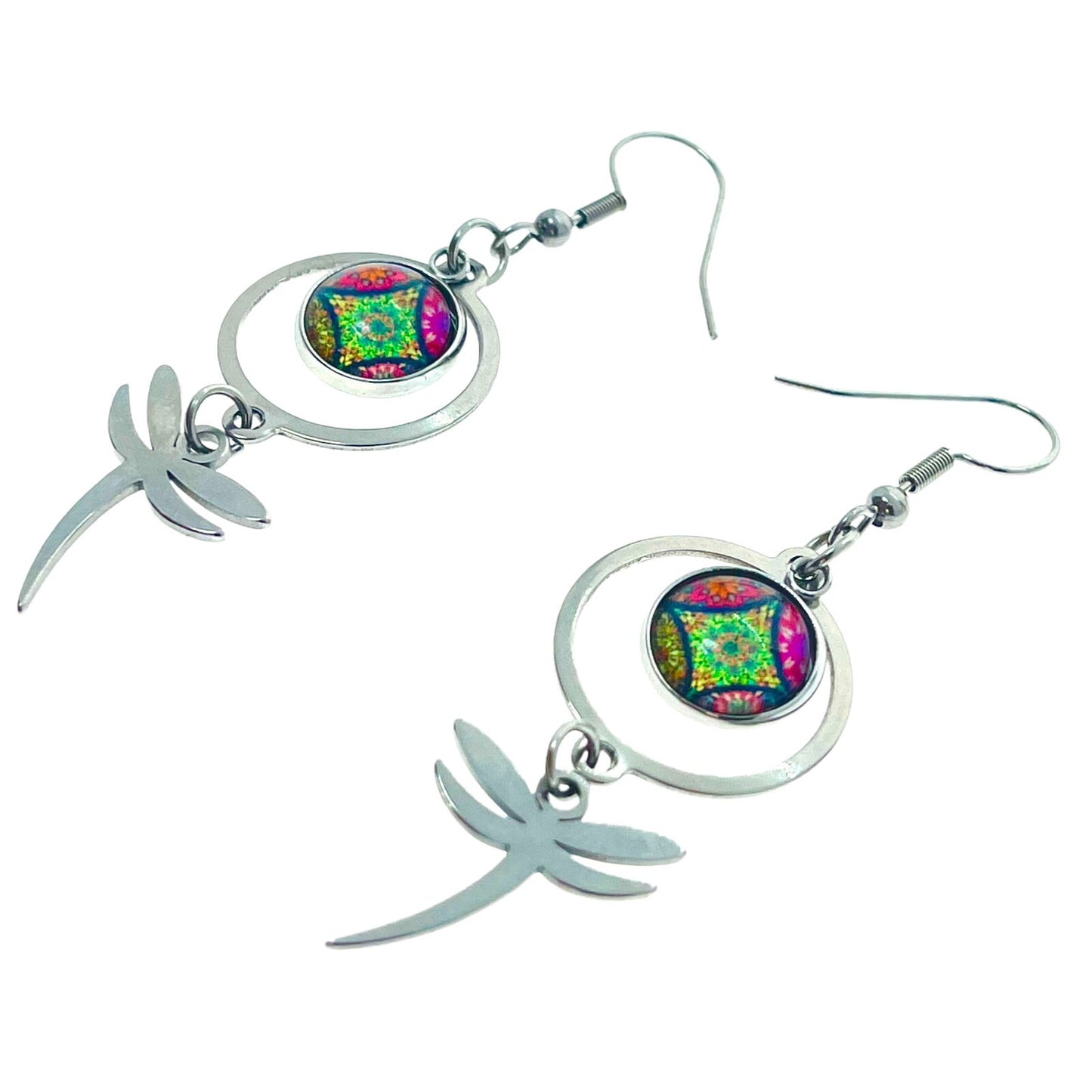 Rainbow Jade Dragonfly Earrings, Pink Green Drop Dangle Ear Charm, Nature-inspired Accessory, Stainless Steel Boho Hippie Festival Wear