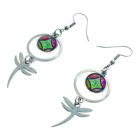 Rainbow Jade Dragonfly Earrings, Pink Green Drop Dangle Ear Charm, Nature-inspired Accessory, Stainless Steel Boho Hippie Festival Wear